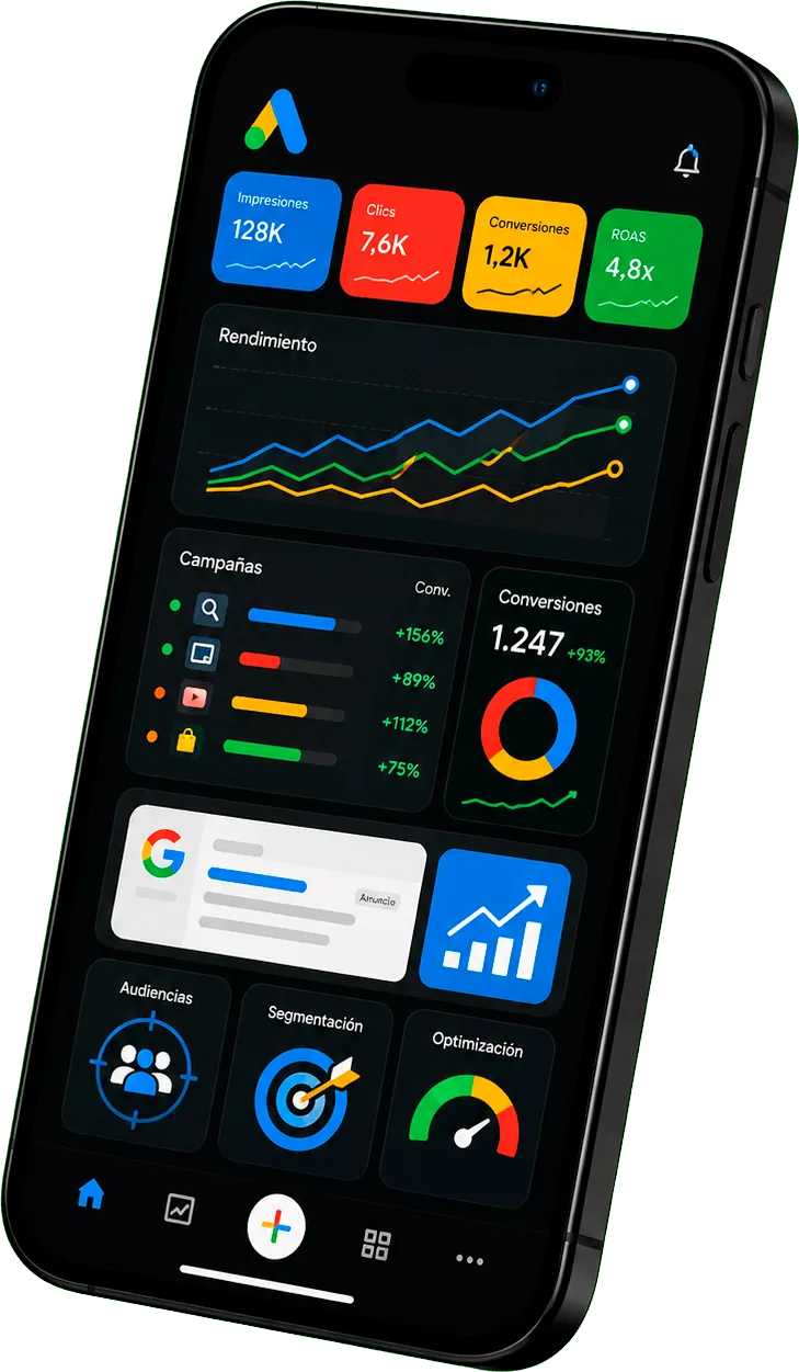 Panel de rendimiento de campañas de Google Ads en un teléfono