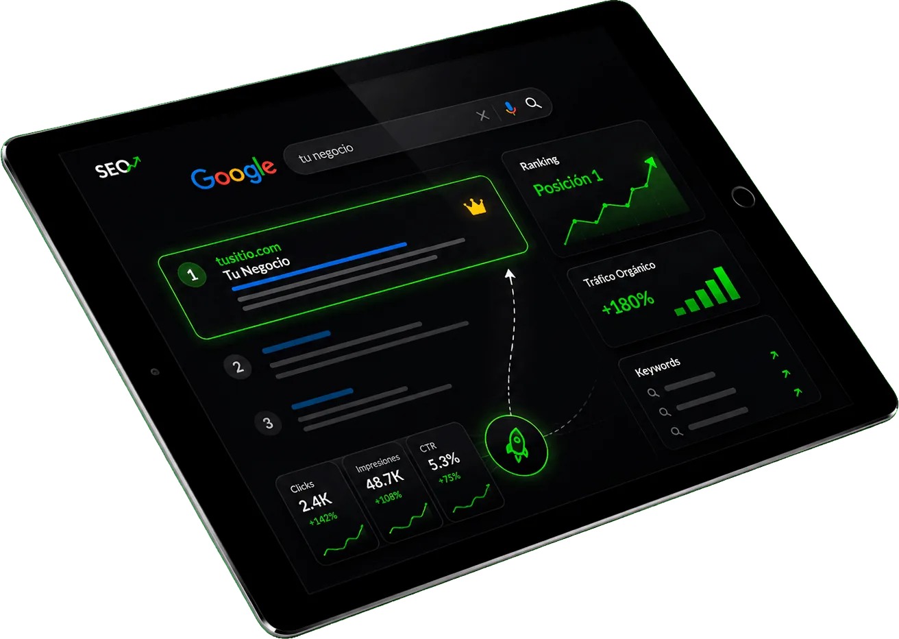 Tablet con panel de posicionamiento SEO en Google